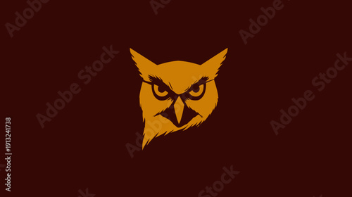 A stylized owl head in gold against a deep red-brown background. Simple, bold design