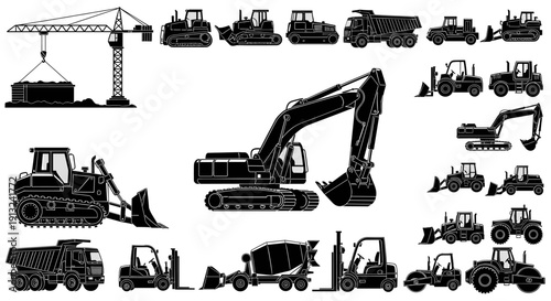 Construction heavy machinery collection excavators, dump trucks, bulldozers, concrete mixers, and cranes depicted in silhouette for industrial and building projects