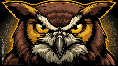 A stylized illustration of an owl's face, with piercing eyes, showcasing intricate details