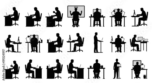 Diverse silhouettes of individuals engaged in various office tasks and computer work, representing productivity, focus, and modern professional environments in a comprehensive collection