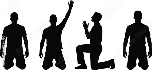 Silhouette people kneeling in prayer poses with raised arms, clasped hands, and devotion, representing spirituality, faith, and meditation vector illustration design