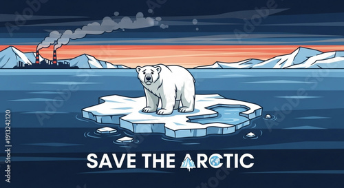 Polar bear on melting iceberg with industrial pollution in background