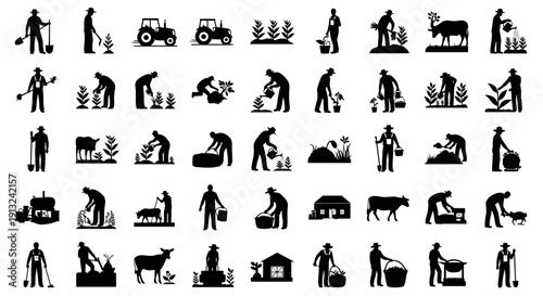 A rich collection of agriculture and farming silhouette icons, illustrating diverse rural activities, farmers at work, farm equipment, and livestock
