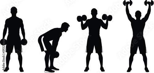 Silhouette illustration of person performing dumbbell workout sequence, exercise positions showing deadlift, shoulder press, fitness training vector artwork isolated