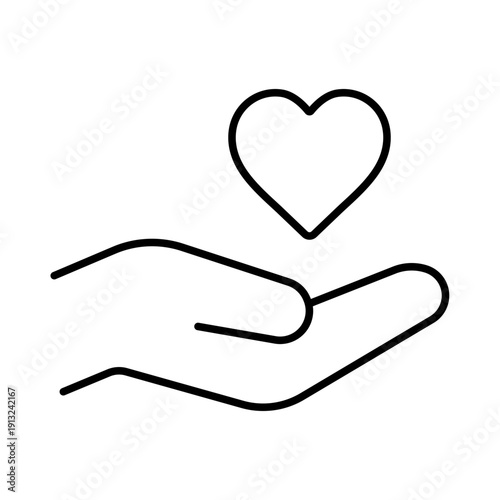 手のひらに浮かぶハートの思いやりアイコン　細い線