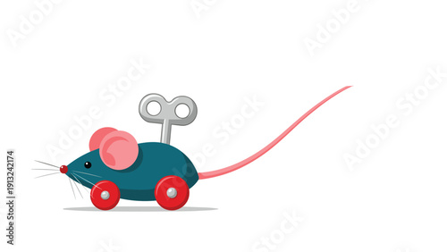 Small blue wind-up mouse toy with red wheels and pink ears is ready to roll across the floor in a playful demonstration.