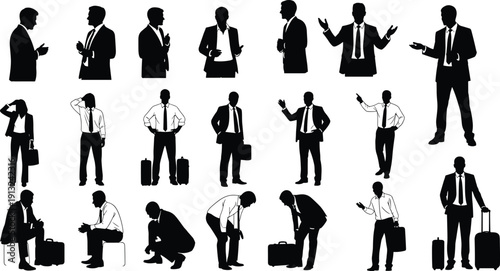 Silhouettes of business people in diverse poses including standing, seated, gesturing, and traveling with luggage symbolizing corporate communication and workplace culture