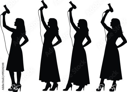Silhouette women in long dresses holding hairdryers aloft, stylish poses with heels, representing fashion, beauty, glamour, and empowerment vector illustration design