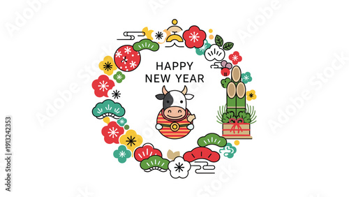 Celebratory Japanese New Year wreath features a cute ox mascot surrounded by traditional pine, plum blossoms, and bamboo.