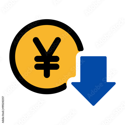 円マークと下落の矢印　値下げ・割引を表すアイコン