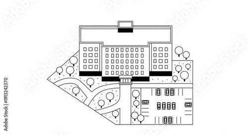 Architectural blueprint of a modern building complex with surrounding landscape design.
