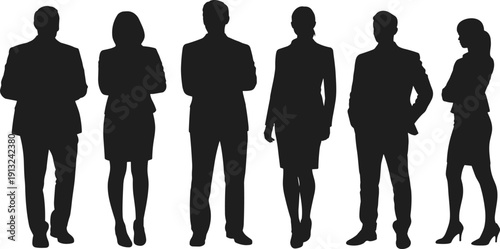 Six black silhouettes of business people standing against a white background group