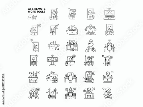 Remote Work and Digital Freelancing Line Icon Set – Work From Home Thin Outline Vector Collection