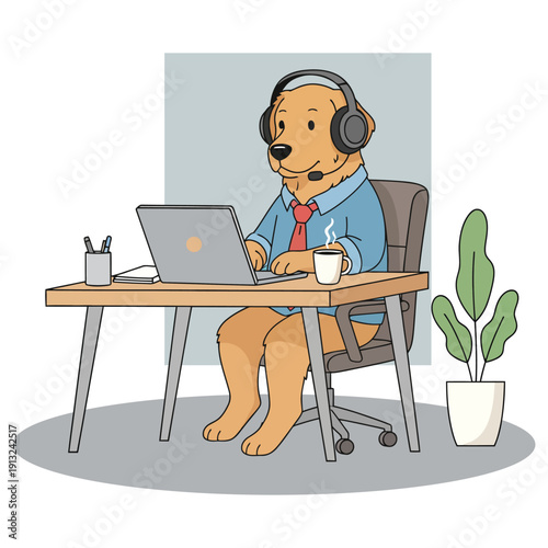 Golden Retriever dog in a shirt and tie wearing a headset and working on a laptop at a desk