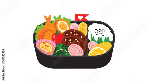 Balanced Japanese bento box lunch is packed with rice, a hamburger steak, fried shrimp, tomato, broccoli, and rolled omelet.