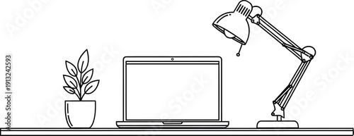 Desk with laptop, plant, and adjustable desk lamp line art Keywords: laptop, computer, desk