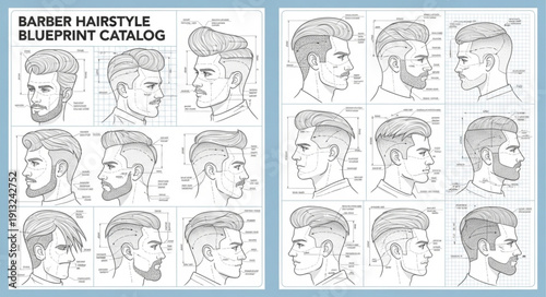 Barber Hairstyle Blueprint Catalog Showing Various Male Haircuts.