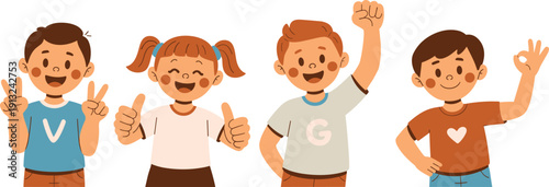Cartoon children standing together making expressive hand gestures including peace sign, thumbs up, raised fist, and OK symbol representing diversity, teamwork, and positive emotions