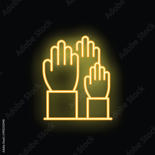Neon glowing icon of raised hands on dark background