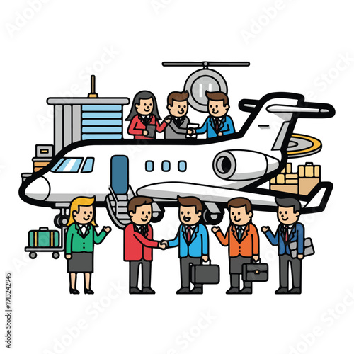 Airplane boarding scene at airport terminal with passengers and crew preparing for departure from ground level viewpoint