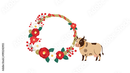 Elegant Japanese New Year wreath is decorated with red and white camellia flowers next to a brown cow representing the zodiac.