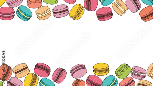 Sweet macaron border frame features a delightful assortment of colorful French almond cookies in various pastel flavors.