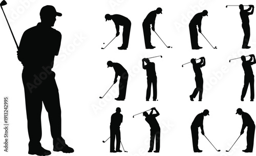 Silhouettes of golfer performing swing sequence from setup to follow-through symbolizing sports training, athletic technique, and golf instruction