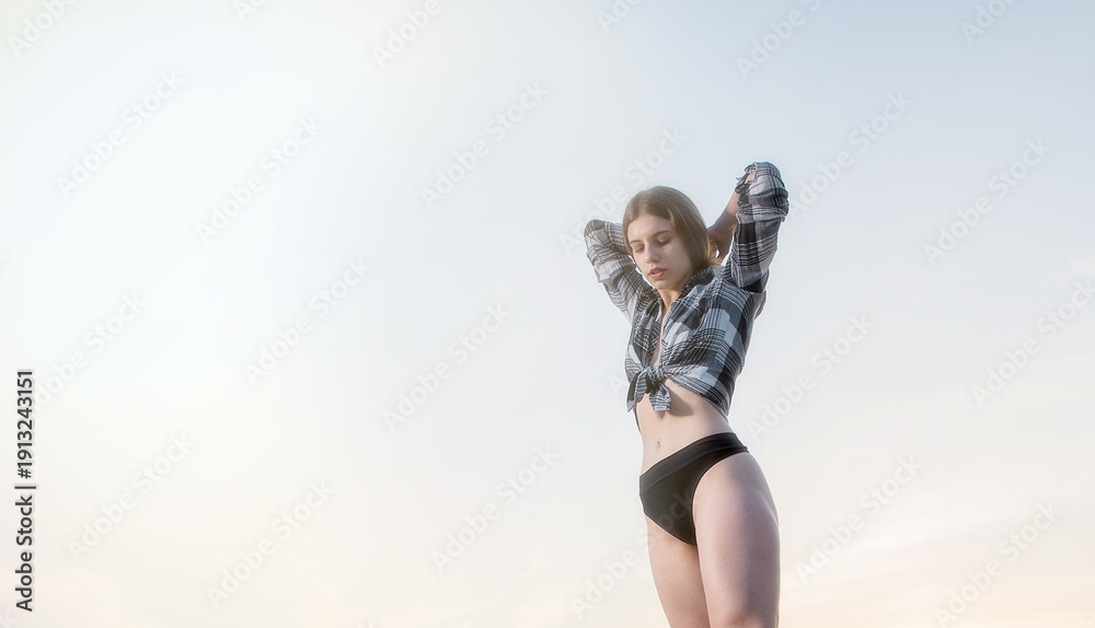custom made wallpaper toronto digitalYoung Woman in Plaid Shirt and Black Underwear Against Clear Sky