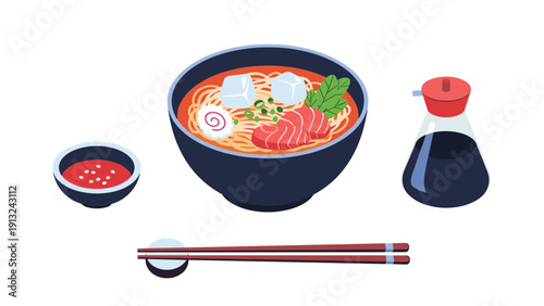 Full set of Japanese ramen is displayed with a bowl of noodles, soy sauce, a dipping dish, and a pair of wooden chopsticks.