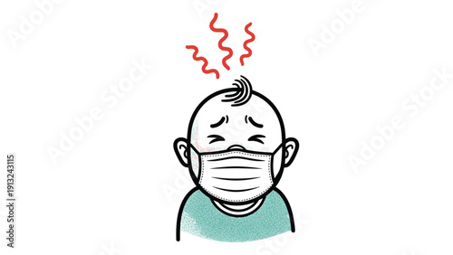 Sick baby wearing a protective medical face mask appears to have a high fever as indicated by the red wavy lines overhead.