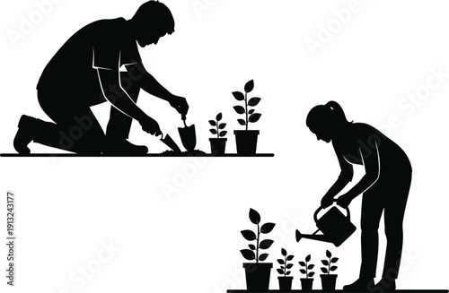 Black vector silhouette set of a man and woman gardening planting seedlings and watering potted plants for horticulture agriculture spring hobby and landscaping branding