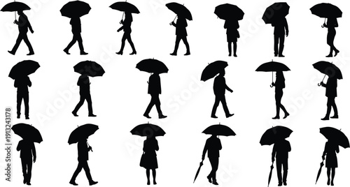 Silhouettes of people holding umbrellas in various poses and movements, symbolizing rainy weather, lifestyle, urban scenes, and seasonal concepts