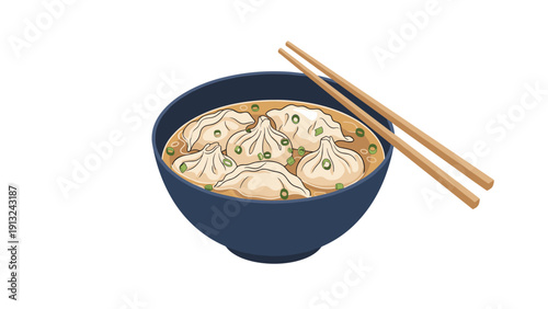 Steaming bowl of Chinese soup dumplings or xiao long bao is garnished with green onions and served with wooden chopsticks.