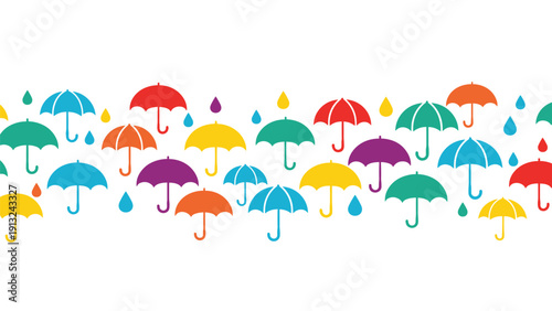 Playful pattern of colorful umbrellas and falling raindrops is scattered across the center of a clean white horizontal space.