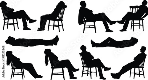 Silhouettes of people reclining and sitting in relaxed poses on chairs or lying down symbolizing rest, leisure, comfort, and lifestyle concepts