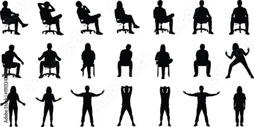 Silhouettes of people seated on chairs and standing in varied poses symbolizing ergonomics, posture, lifestyle, body language, and human movement