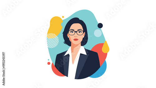Confident professional woman wearing glasses and a dark suit is portrayed against a modern abstract background of colors.