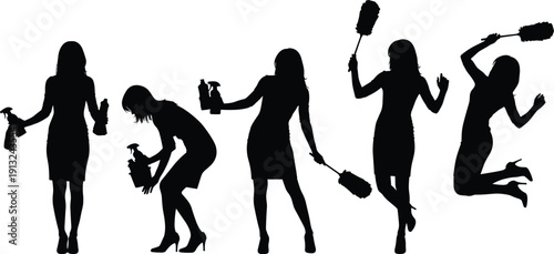 Silhouettes of women cleaning with spray bottles and feather dusters, domestic work vector illustration, energetic poses isolated on white background artwork