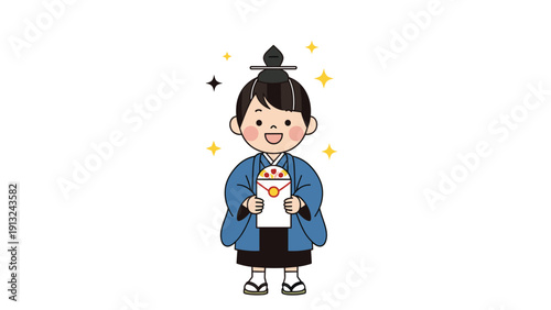 Young Japanese boy dressed in a formal blue kimono is smiling while holding a traditional New Year gift envelope for kids.