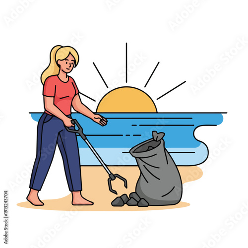 Woman collecting trash on the beach with a grabber at sunset