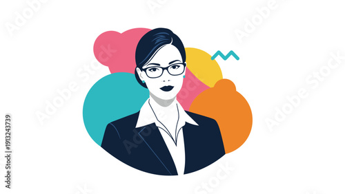 Professional female executive with glasses and dark hair is depicted in a stylish business portrait with colorful shapes.