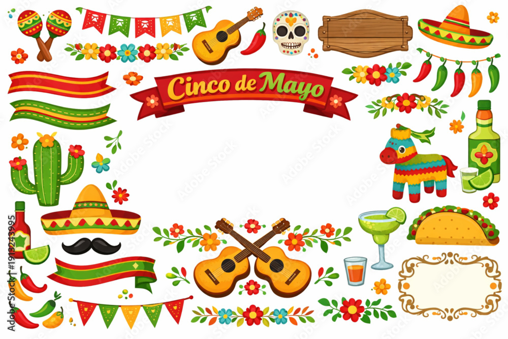 Fototapeta premium A vibrant illustration celebrating Cinco de Mayo with colorful Mexican symbols and decorations
