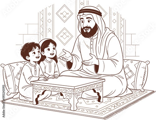 Happy Arabian Father Sharing Traditional Stories with Children – Middle Eastern Family Bonding Outline Vector Illustration for Coloring Book, Culture, Education, and Heritage.