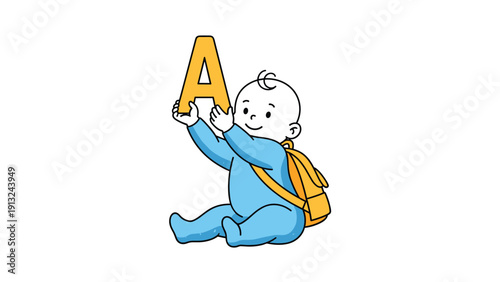Cute cartoon baby boy wearing a blue onesie and an orange backpack while sitting down and holding a large yellow letter A up high.