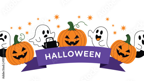 Spooky Halloween illustration featuring three carved jack-o-lantern pumpkins and three friendly white ghosts floating above a purple banner ribbon.