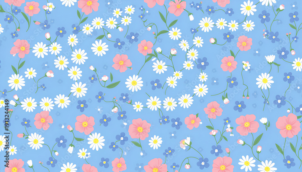 Fototapeta premium Vibrant floral pattern with various spring flowers on blue