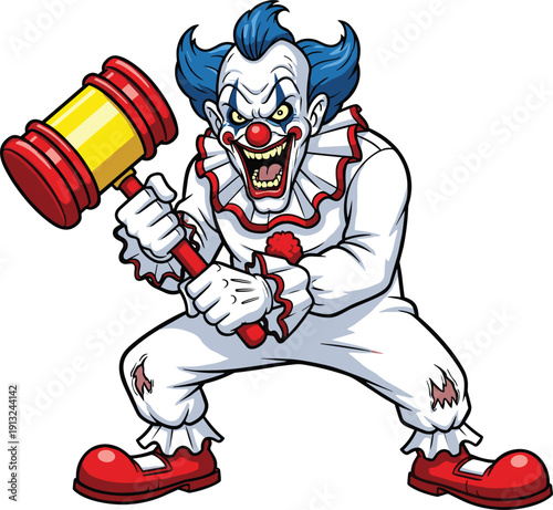 Scary Cartoon Evil Clown Character Holding A Large Toy Mallet Hammer For Halloween Horror Spooky Carnival Or Psycho Circus Monster Concept Vector Illustration Isolated On White