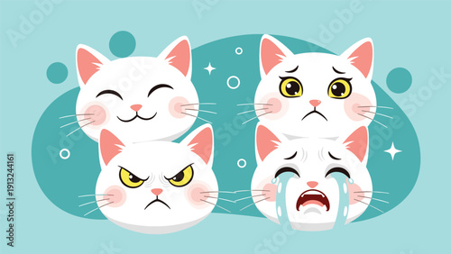 Four white cat faces showing different emotional expressions including happy smiling, sad worried, angry frustrated, and crying with tears.