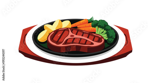 Delicious grilled t-bone steak served on a hot cast iron skillet with roasted potatoes, carrots, and broccoli florets on a wooden platter.