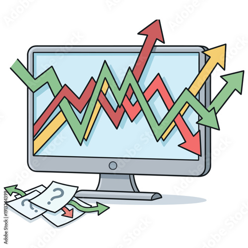 Computer monitor displaying fluctuating stock market graphs with upward and downward trends, symbolizing financial volatility and data analysis